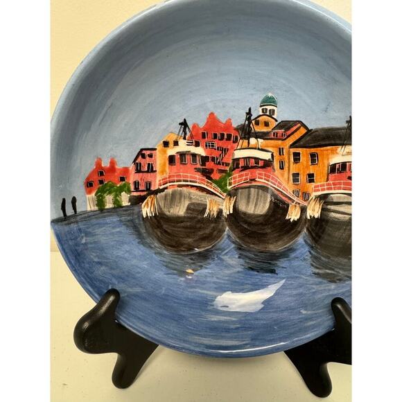 Roseanne Henning Hand Painted Pottery 8” Bowl Tug Boats Portsmouth NH Signed - Picture 3 of 8